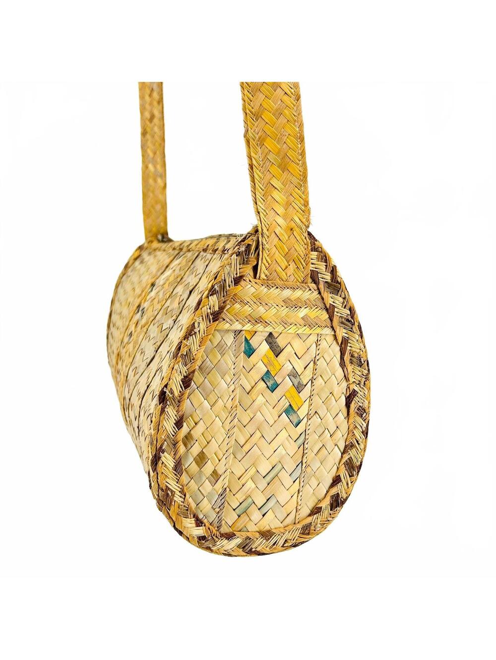 Vintage 80s Tan Woven Straw Raffia Barrel Shoulder Bag - Picture 2 of 8